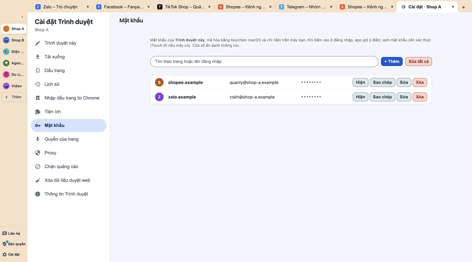 Trang Mật khẩu của LiBrowser với tài khoản mẫu