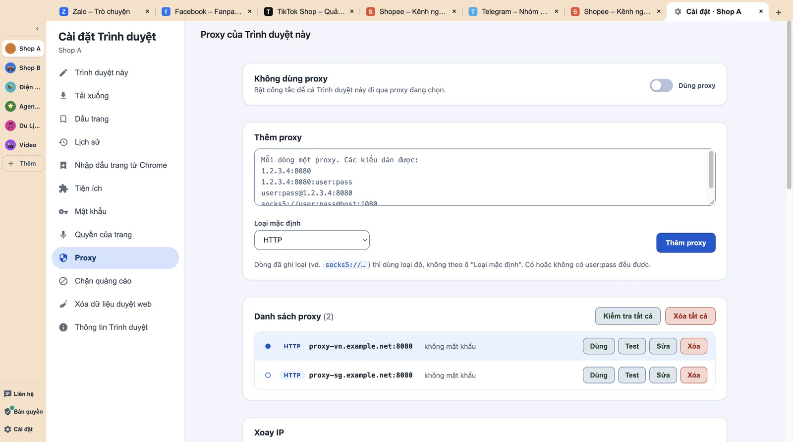 Trang cài đặt Proxy của LiBrowser với danh sách proxy và nút Test