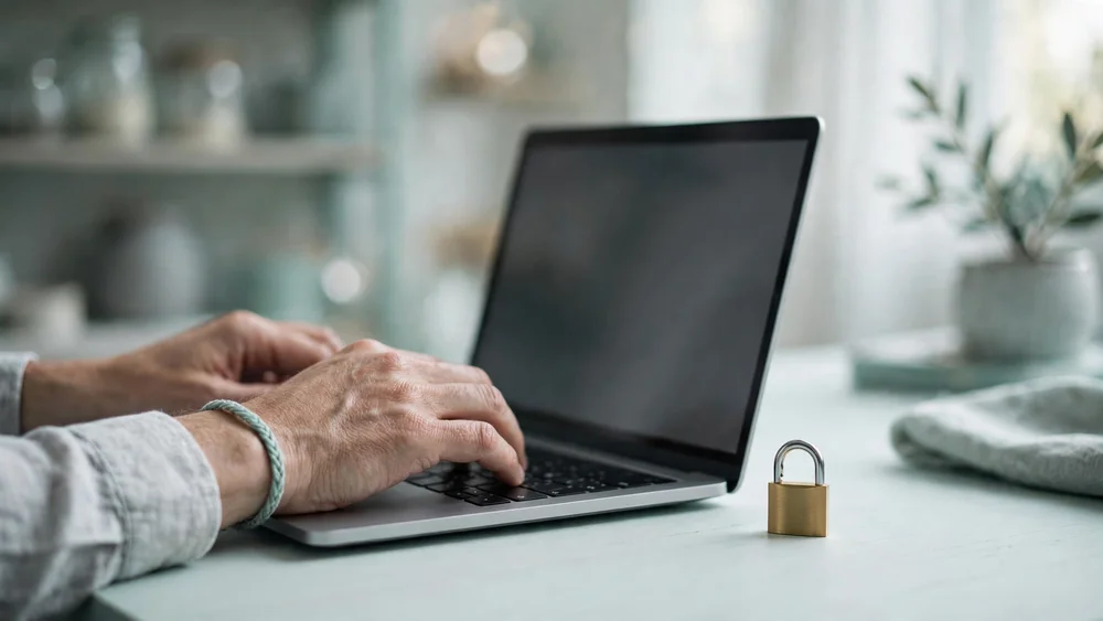 Ảnh thật bàn làm việc với laptop và ổ khóa nhỏ