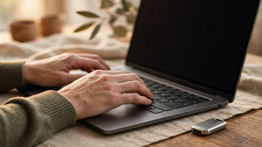Đôi tay gõ laptop bên khóa bảo mật nhỏ