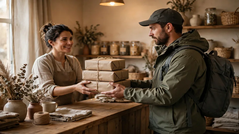 Chủ shop giao kiện hàng cho nhân viên giao hàng