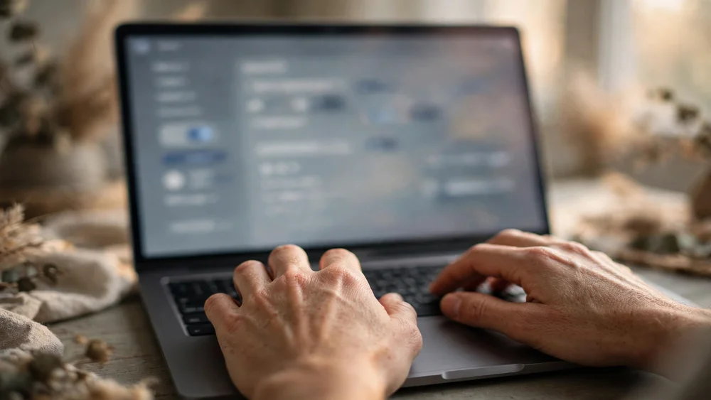 Đôi tay gõ laptop hiển thị bảng cài đặt