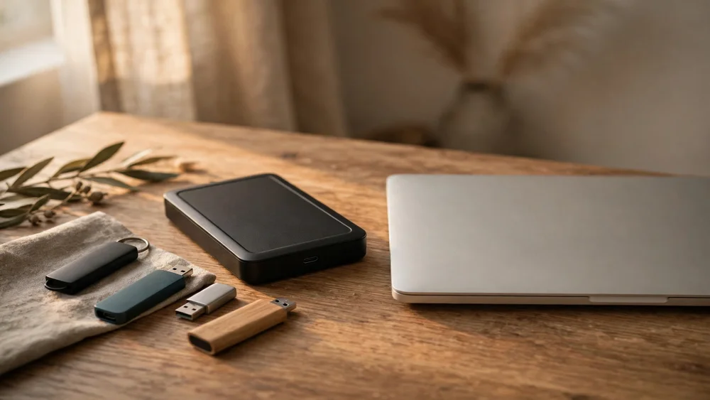 Ổ cứng ngoài và USB bên cạnh laptop