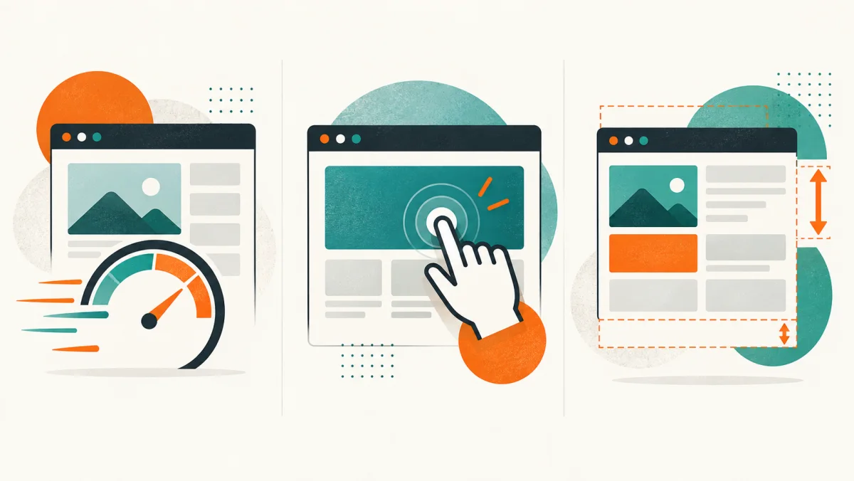 Máy tính xách tay và điện thoại hiển thị trang web cùng đồng hồ tốc độ, biểu tượng nén ảnh và bộ nhớ đệm