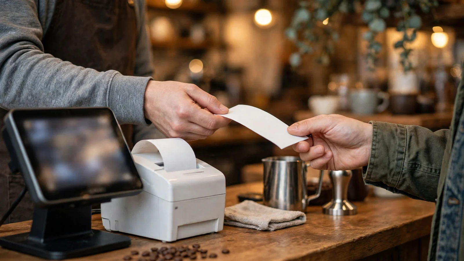 Máy POS và máy in hóa đơn trên quầy cà phê