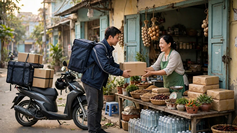 Người giao hàng trao gói hàng cho chủ shop tại cửa hàng nhỏ