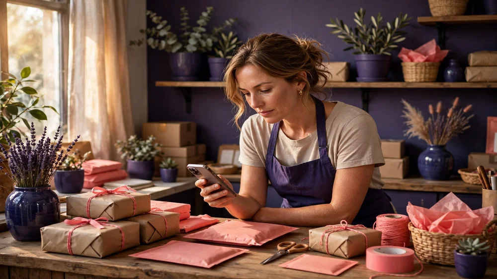 Ảnh thật chủ shop đọc tin nhắn khách hàng trên điện thoại