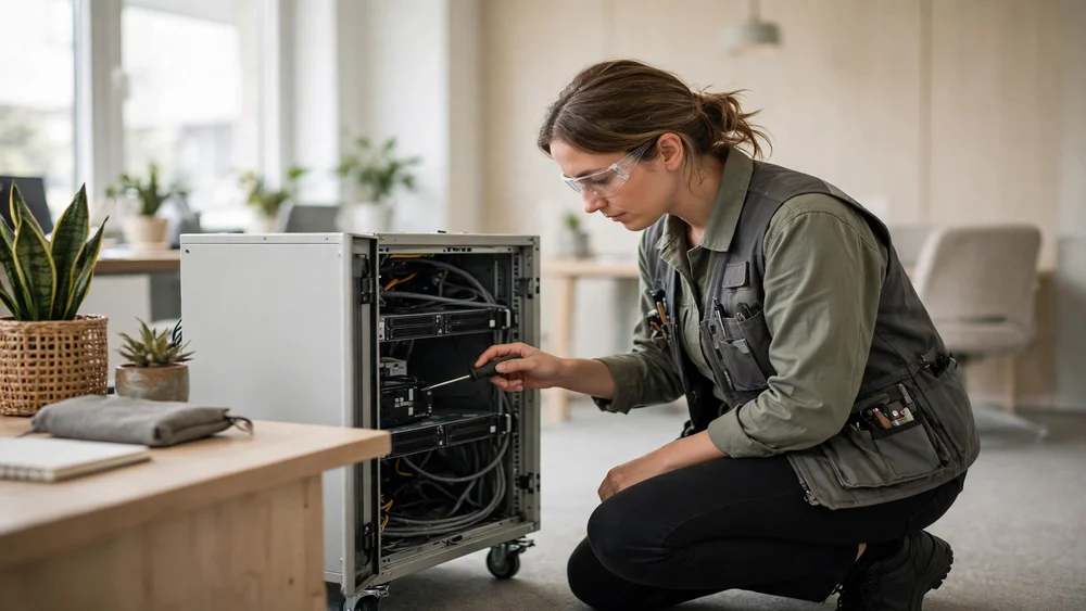 Kỹ thuật viên kiểm tra tủ máy chủ hosting